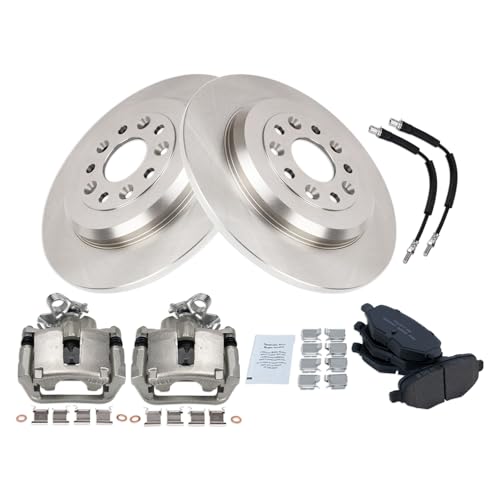 Image of TRQ Rear Brake Pad and Rotor Set Ceramic Solid Rotors Calipers Compatible with 2015-2018 Ford Flex Lincoln MKT