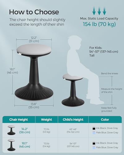 Image of SONGMICS Kids Wobble Chair 6-12Y, Active Sitting Stool with Focus Support, 18.1 inch Height 154 lb Capacity, Anti-Slip Base Tool-Free Assembly, Ink Black and Dove Gray UOSC010B01
