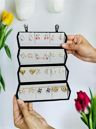 Image of Gold Plated Korean Stud Earrings Set of 12 with Folding Jewelry Box | Western & Modern Earring Gift Box for Women & Girls.