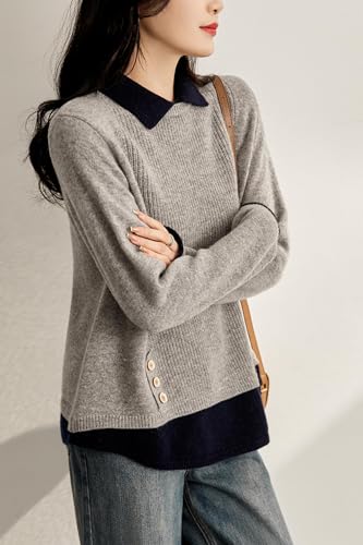 Image of LAI MENG FIVE CATS Women Polo Contrast Collar Knitwear Casual Pullover Top | Patchwork,Long SLeeve,Elegant Sweater,Daliy Work