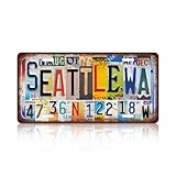 Vintage City License Plate Seattle,Wa Wall Decor Metal Tin Sign for Bar Home Bedroom 12 x 6 Inches （Including latitude and longitude）