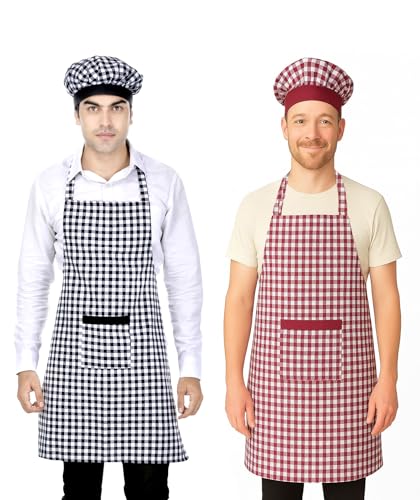 Image of Switchon Checkered Cotton Kitchen Cooking Apron with Chef Hat - Pack of 2 | Multi-Purpose Chef & Waiter Apron for Men & Women | Home, Hotels, Restaurants & Cafes | Proudly Made in India