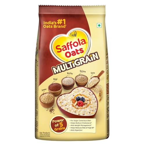 Saffola Oats Multigrain | 480g | 5 Super Grains-Rolled Oats, Ragi, Quinoa, Jowar, Barley | Helps Reduce Cholesterol, Helps Manages Weight, Reduce Risk of High BP, Aids Digestion