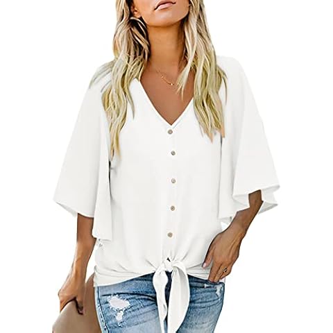 Aokosor Womens Blouse V Neck Tops with Button Ladies Spring Chiffon 3/4 Bell Sleeve Tshirts White Size 14-16 Cover
