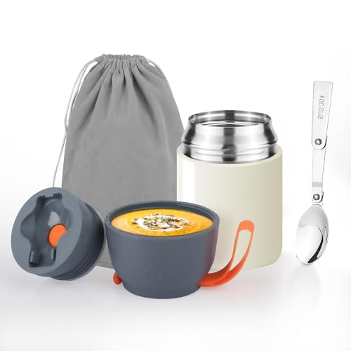AUROAY Contenitore Termico per Alimenti Caldi 450ml,Termos Portacibo in Acciaio Inossidabile con Borsa e Cucchiaio,Portavivande Termico per Adulti Pappa Neonati,Isotermico Sottovuoto per Cibi