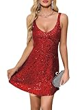 Trancylight Women's Glitter Sequin Dress Spaghetti Strap V Neck Party Cocktail Sparkly Mini Dress Clubwear Red