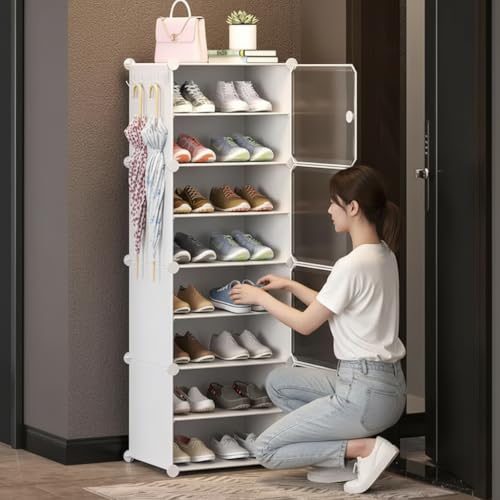 Image of Sunderlook Shoe Rack Plastic for Home- Slipper Stand, Professional Shoe Stand, Chappal Stand, Multipurpose Foldable Standing Comfort Runner Shoe Rack with Door (Off White, 7 Shelf 4 Door)