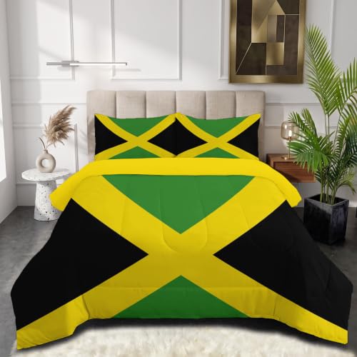 SMBHIAON Couette Réversible Drapeau Jamaïcain pour lit 2 Personnes Couette sans Housse Fête Nationale Ultra Douce Lavable en Machine avec Taies d'oreiller pour Toutes Saisons,Jaune-Vert, 260x230cm