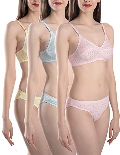 Image of FIMS - Fashion is my style Women's 3 Bras 3 Panties Set (BUNDI 3 Bras 3 Panties SetPANTY Pink Yellow Blue 34 Yellow, Pink, Blue 34)