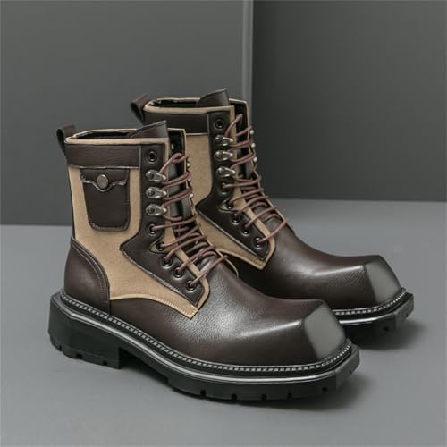 Image of Men's Retro Motorcycle Combat Boots - Square Toe Platform High Top Lace Up Ankle Boots, Chunky Heel Casual Dress Shoes Non-Slip