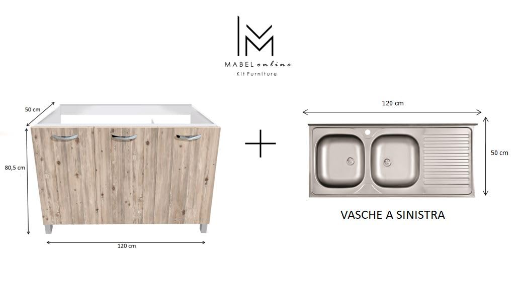 MABEL Mobile Sottolavello Cucina Node Organizer in Legno Nobilitato con Lavello da Appoggio in Acciaio Vasche a Sinistra con Gocciolatoio - L 120 cm x P 50 cm x H 83,5 cm