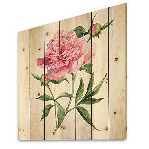 Impression sur bois de pin naturel DesignQ Pivoines roses art mural vintage