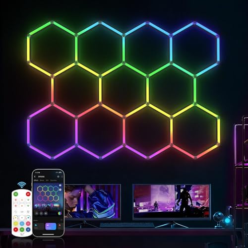 HYPERLITE Hexagon Garage Lights: Gen IV-11 Grid RGB Hexagon LED Lights with Music Sync Mode App & Remote Control Multi-Color Honeycomb Light for Gaming Room Gym Garage