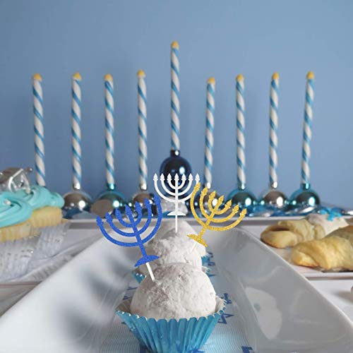 24Pcs Glitter Menorah Cupcake Toppers, Happy Hanukkah Cupcake Topper, Sparkle Jewish Birthday Chanukah Holiday Party Decoration Supplies #TOP4