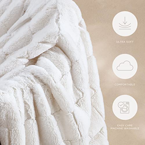Stassie Faux Fur Throw Blanket – Soft And Elegant Blanket For Couch And Bed - 380 Gsm – Cozy & Warm - Luxurious Carved Design (White) #TOP4