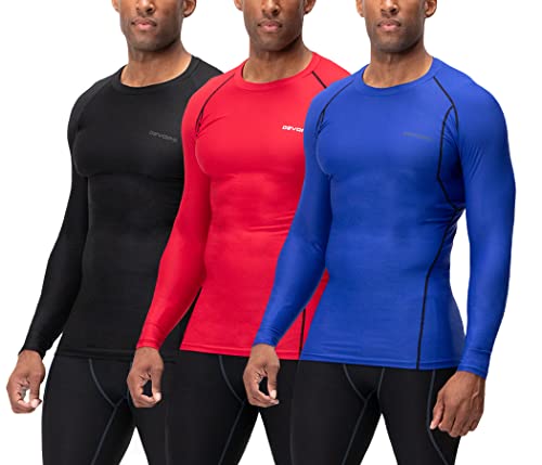 DEVOPS 3 Pack Men's UPF 50+ Long Sleeve Compression Shirts, Water Sports Rash Guard Base Layer, Athletic Workout Shirt (Large, Black/Red/Blue)