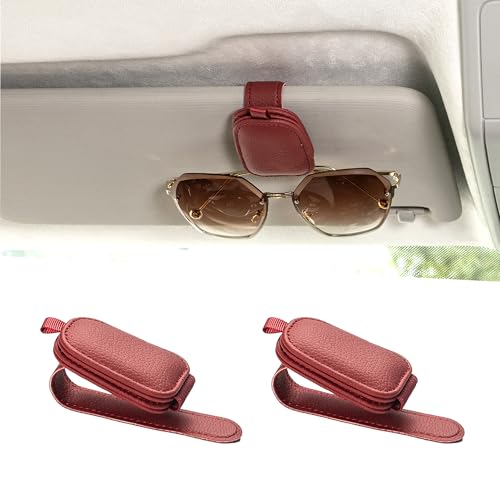 Image of Yuoyar 2 Packs Sunglasses Holders for Car Visor - Magnetic Leather Sunglasses Holder and Ticket Card Clip - Car Visor Accessories (Red)