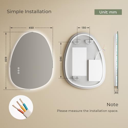 S'AFIELINA Bathroom Mirror with LED Lights 60 x 45 cm Asymmetrical LED Bathroom Mirror with Smart Touch Switch, 3 Colors Dimmable Light, Anti-Fog, Memory Function Wall Mounted Vanity Mirror - Image 2