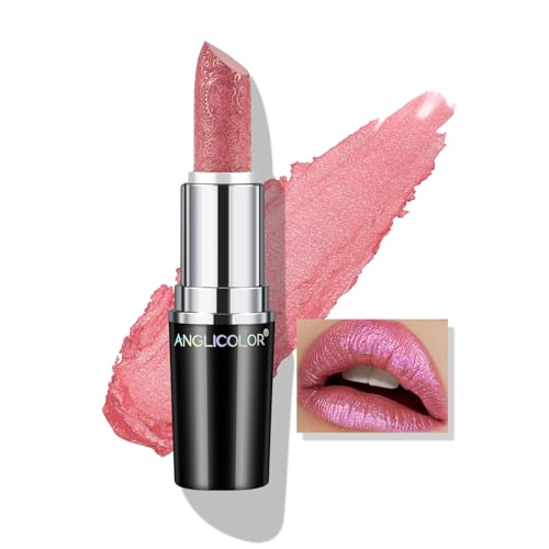 Anglicolor Glitter Metallic Pink Lipstick,High Impact Lipcolor,Lightweight Hydrating Formula Smooth and Non-Sticky,Peach Lipstick For Women,Full-Coverage Lip Makeup (02 PINK GEMSTONE