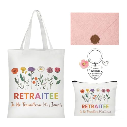 4 Pièces Cadeau Retraite Femme Humour, Grand Sac Fourre-Tout & Trousse Maquillage, Porte-Clé et Carte, Idée Cadeau Original Départ Collègue Amie Maman,...