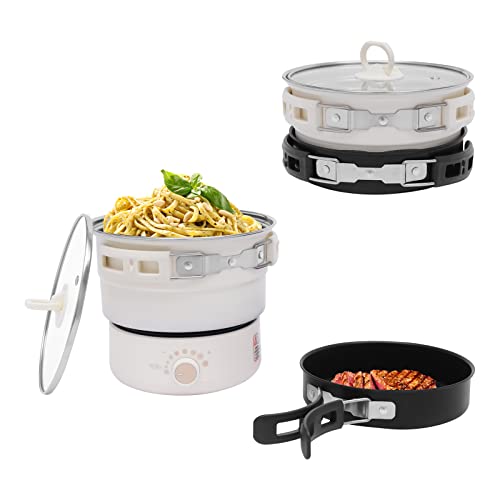 Electric Hot Pot, 110V Folding Portable Multi-Functional Non-Stick Split Electric Hot Pot, Travel Crock Pot, Mini Crock Pot with Power Adjustment for Pasta, Soups, Steaks and Vegetables (White)