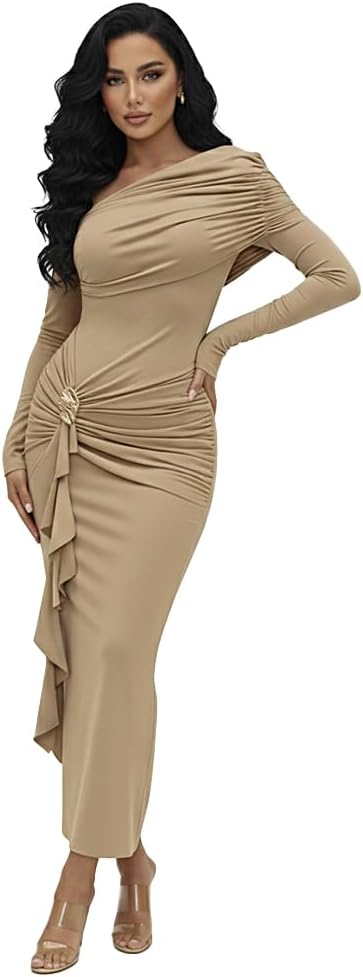HWP Women's Sexy Ruched Bodycon Midi Dresses Asymmetrical Neck Long Sleeve Ruffle Club Cocktail Date Night Dress