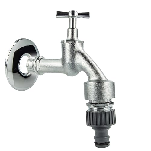 tecuro Auslaufventil 1/2 Zoll, Knebeloberteil, Rohrbelüfter DVGW, Steckkupplung, Wandrosette, Dichtband - MS mattverchromt - 22722-PWD