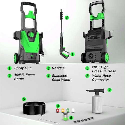 4800PSI PowerWasher with 20FT Hose, 35FT Cord, 4 Quick Nozzles, Foam Cannon for Car, Lane, Patio Cleaning, Hydro Jet Pressure Hose Water Wand for Gutter Patio Car Garden Window, Green - Image 6
