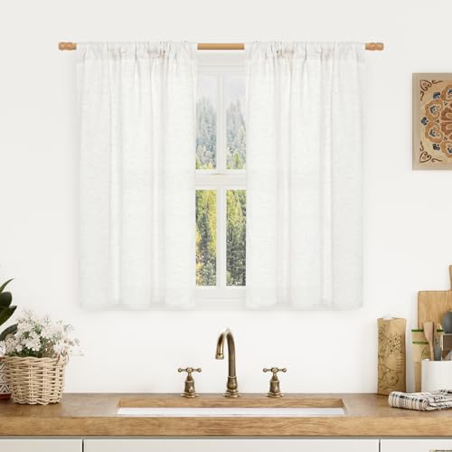 Image of LAMIT Short Linen Curtains 40 Inches Long for Small Window, Ivory White