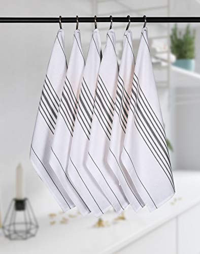 Native Fab 12 Pack Scandia Stripe Kitchen Dish Towels Cotton Absorbent Durable Washable 14X25 - Tea Towels, Dish Cloths, Restaurant Cleaning Towels, Kitchen Towels With Hanging Loop, Grey White #TOP4