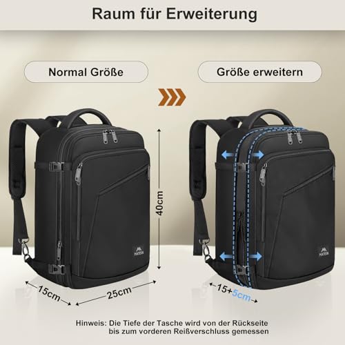 MATEIN Ryanair Handgepack 40x20x25, Rucksack Handgepäck Flugzeug 20L Herren, Ryanair Rucksack 40x20x25, Erweiterbar Daypack Reiserucksack Flugzeug, Cabin Bag für Weekender Reise, Schwarz