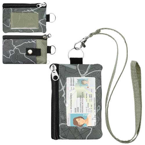 Image of Minimalist RFID Wallet with Lanyard, Multi-functional ID Case with 2 Zipper Pockets and Key Chain for Men and Women, Tactical Badge Pouch Cards Holder, Coin Purse for Travel Sports - Two-Tone