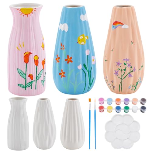 WEBEEDY 3 Set Kit de pintura cerámica para adultos Jarrón Kit de pintura cerámica jarrón sin pintar con borde rombo pinta tu propio florero decoración de hogar (3 formas)