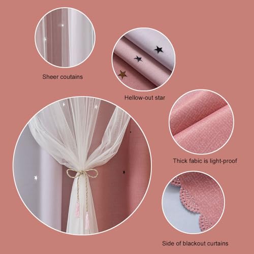 FANLI 72 Length Star Blackout Curtains for Kid Girls Bedroom Ombre Rainbow Darking Double Layer Star Cut Out Wall Home Decor Gradient Grommet Window Curtains (Pink White72L) by FANLI - Used condition - Image 4