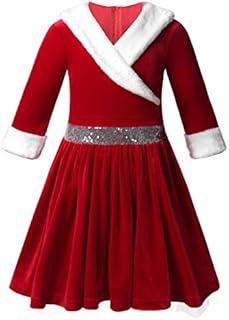 inlzdz Kids Girls Christmas Mrs. Claus Dress Holiday Party Elf Costume Velvet Long Sleeve Clown Collar Pom Pom Trim Dance Dress Red E 6-12 Months