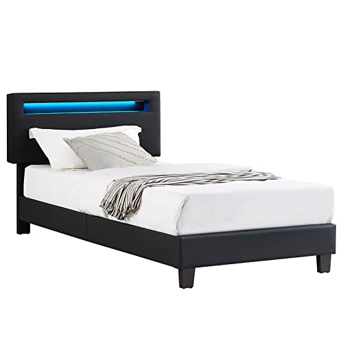 CARO-Möbel Polsterbett Benito 90x200 cm mit LED Beleuchtung, modernes Einzelbett mit verstellbarem Kopfteil, Jugendbett mit Bezug aus Lederimitat in schwarz