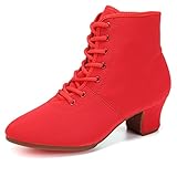 HROYL Botines de Baile Latino Mujer con Tacón Bajo Zapatos de Baile Salsa y Bachata de Salon Rojo-5-R,EU 37