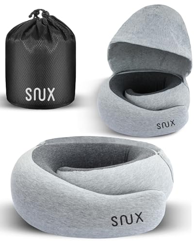 Snux Travel Neck Pillow with Hood - Memory Foam Neck Pillow - Hooded Travel Neck Pillows for Airplanes Car Rides & Home Relaxation (Gray)