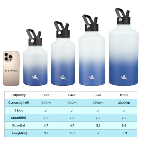 Image of Konokyo Insulated Water Bottle with Straw,87 oz 3 Lids Water Jug with Carrying Bag,Paracord Handle,Double Wall Vacuum Stainless Steel Metal Flask,Sky