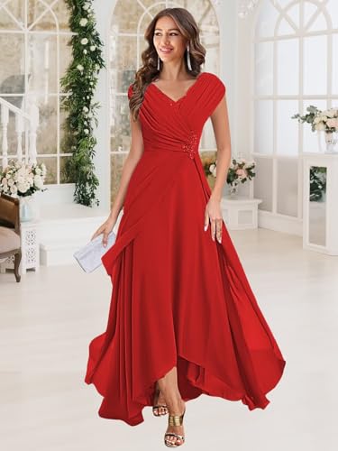 Women's V Neck Mother of The Bride Dresses Cap Sleeves Chiffon Pleated Mother Groom Dresses DK0072