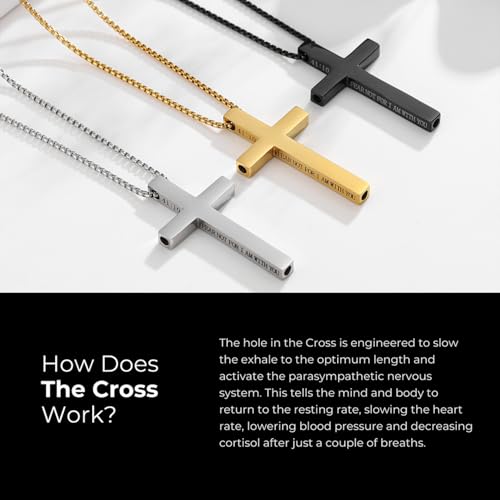 Christian Cross Breathing Necklace, Stainless Steel, Anxiety Relief, Inspirational Bible Verse Design (41:10 FEAR NOT FOR I AM WITH YOU, Gold)
