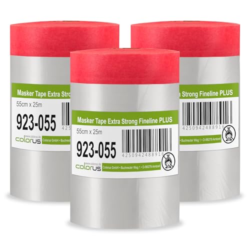 Colorus Abdeckfolie mit Klebeband – 3er Set 55 cm x 25 m – faserverstärktes Goldband Masker Tape – Maler Abdeckfolie mit statisch haftender HDPE-Folie – UV-beständig 120 Tage