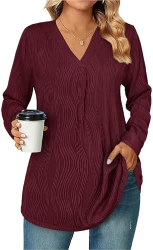 Womens 3 4 Sleeve Blouse Long Sleeve Business Casual Tunic Tops V Neck Work Tops Textured Dressy Casual Shirts