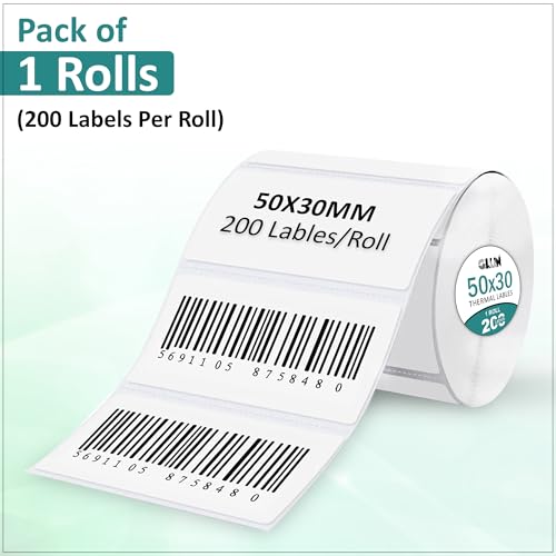Image of GLUN 50x30mm Direct Thermal Labels Roll, 200 Smudge-Free Barcode & Shipping Sticker Labels for Thermal Printers, Price Tag Labels for Ecommerce, Retail Store & Office Use