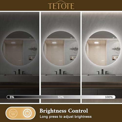 TETOTE Badspiegel mit Beleuchtung 90cm, Rund Badezimmerspiegel, Badezimmer Wandspiegel Ohne Rahmen, Led Badspiegel mit 3 Lichtfarben Dimmbarer,Antibeschlag, Speicherfunktion, IP44