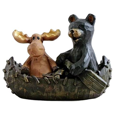 The Bridge Collection Canoeing Moose & Black Bear Figurine in a Wood Carved Style - Unique Tabletop Decoration for Cabin, Lodge Home Decor Cover