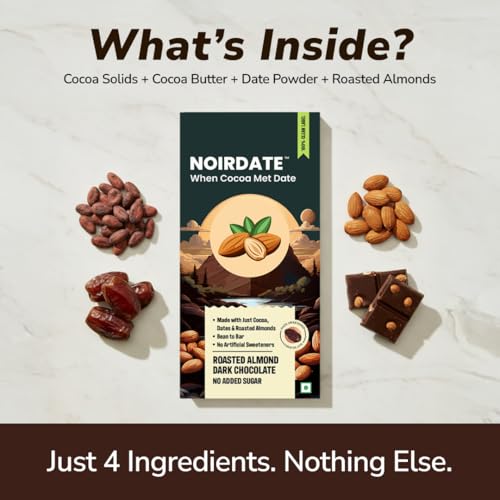 Image of NoirDate Roasted Almond Dark Chocolate - 75g, Bean to Bar, Sweetened with Dates, Refined Sugar Free, Clean Label, Healthy & Guilt-Free, Vegan, Rich in Antioxidant (Pack of 1)