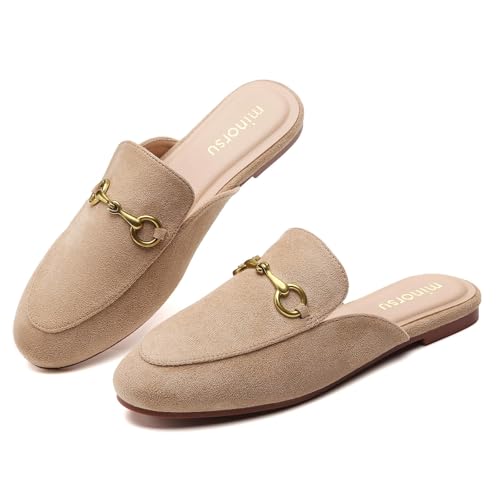 Image of Minorsu Buckle Mules for Women Flats Loafers Shoes for Work Office Business | Slip on,Round Toe,Backless,Slides, Casual