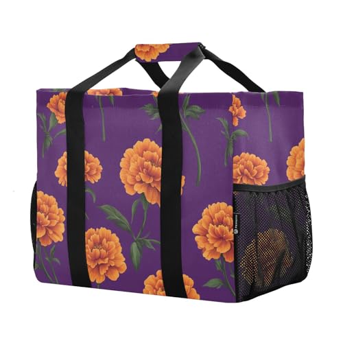 JUNZAN Purple Floral Vintage Utility Bag Foldable Beach Bags Water Resistant Reusable Grocery Bag Canvas Tote Bag For Car