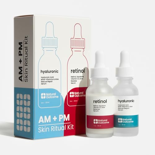 Natural Outcome Hydrating Hyaluronic Acid Serum and Retinol Facial Serum - Night and Day Anti Aging Facial Serum Set 1 oz Each, Vegan, Cruelty Free & Fragrance Free